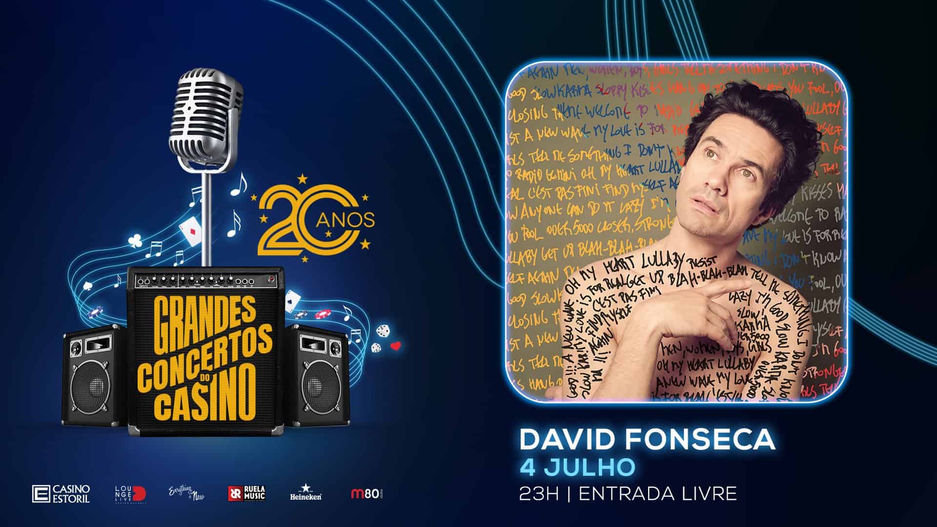 David Fonseca, um nome incontornável no panorama musical português, atua no dia 4 de Julho, pelas 23:00 nos Grandes Concertos do Casino 2019. O Lounge D do Casino Estoril vai acolher este sempre surpreendente artista, para um espetáculo de incomparável criatividade, com entrada livre.