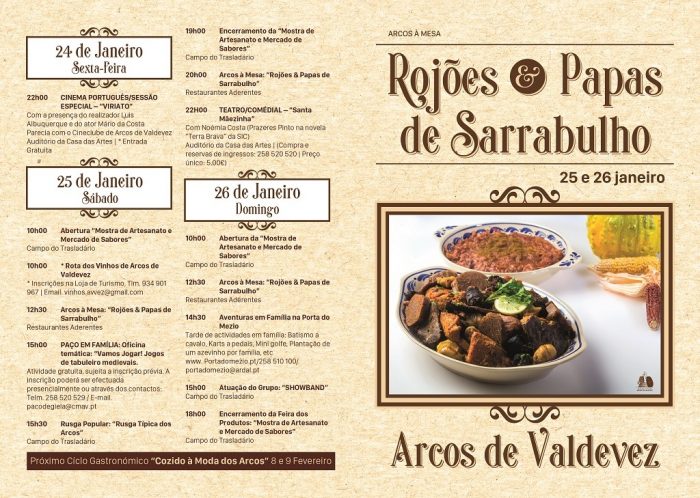 ARCOS À MESA 2020: ROJÕES E PAPAS DE SARRABULHO - A edição de 2020, da iniciativa “ARCOS À MESA”, traz os tradicionais Rojões e as Papas de Sarrabulho aos vários restaurantes aderentes, no último fim de semana do mês de Janeiro. Nos dias 25 e 26, será este o prato em destaque no concelho de Arcos de Valdevez.