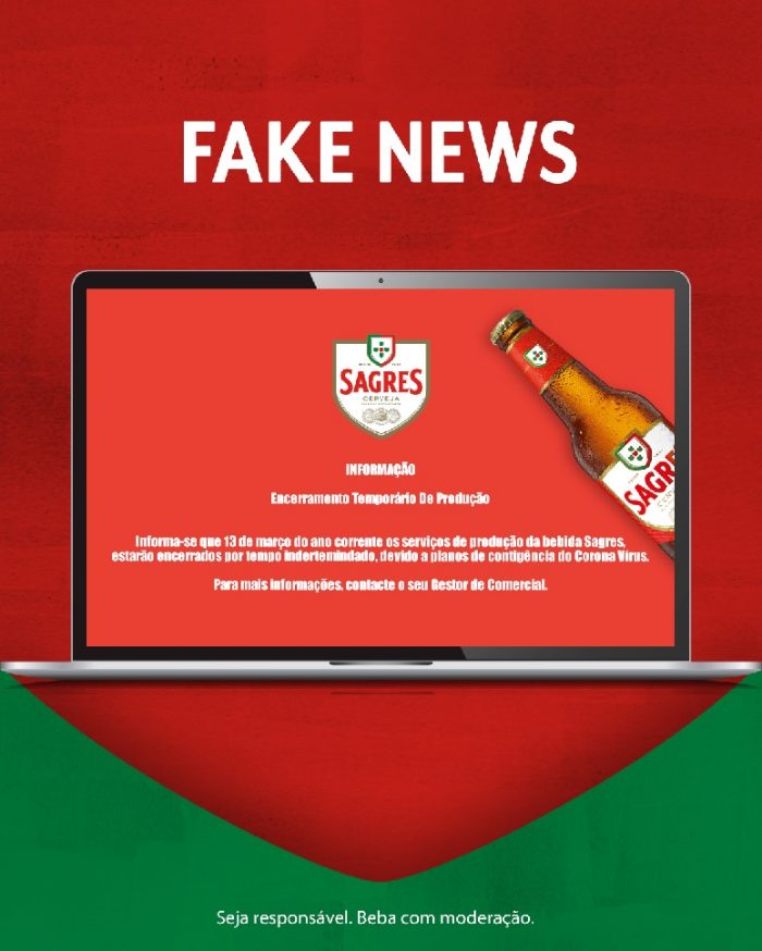 Uma notícia falsa circula nas redes sociais, e por isso, recebemos há momentos informação da Central de Cervejas, que a mesma começou a surgir hoje de manhã, e com origem ainda não identificada, uma informação sobre a Cerveja Sagres partilhada na plataforma WhatsApp.