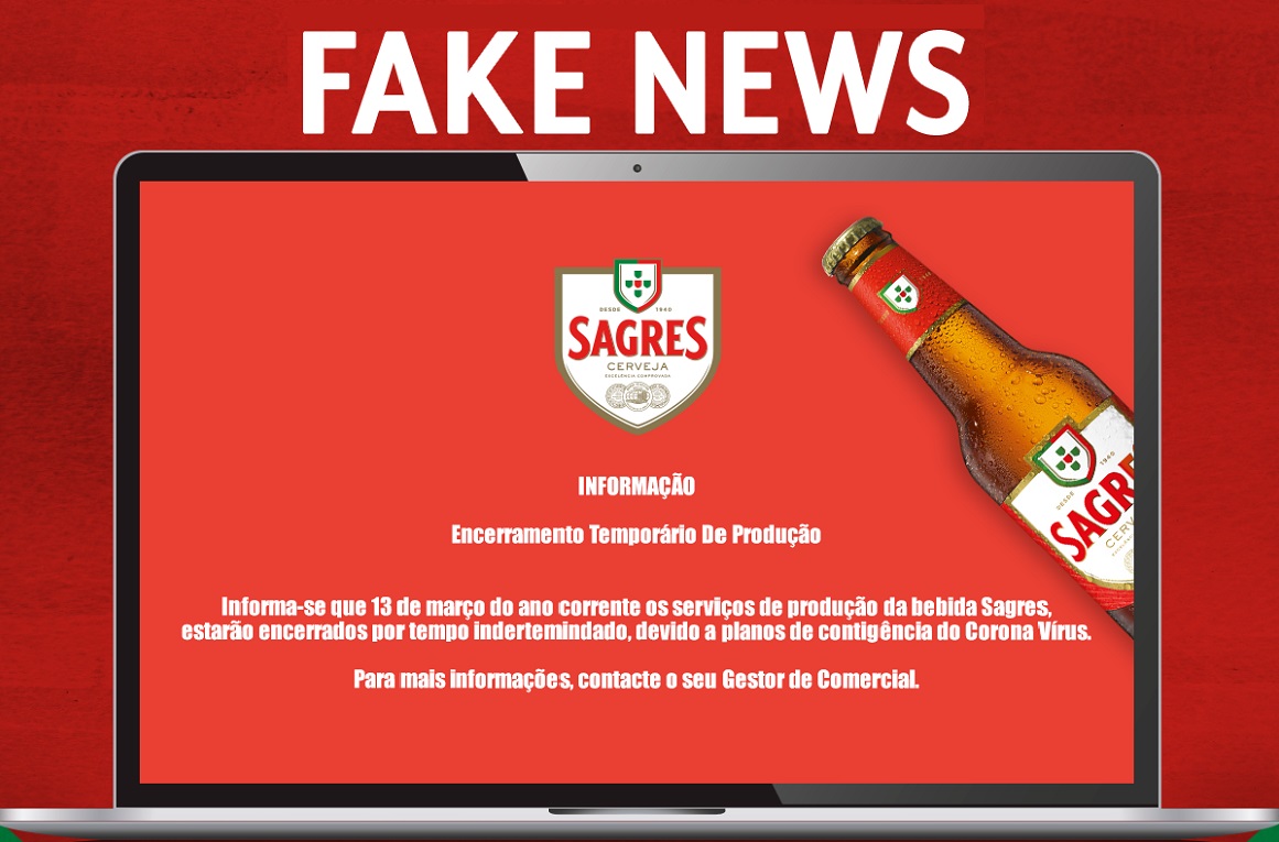 Uma notícia falsa circula nas redes sociais, e por isso, recebemos há momentos informação da Central de Cervejas, que a mesma começou a surgir hoje de manhã, e com origem ainda não identificada, uma informação sobre a Cerveja Sagres partilhada na plataforma WhatsApp.