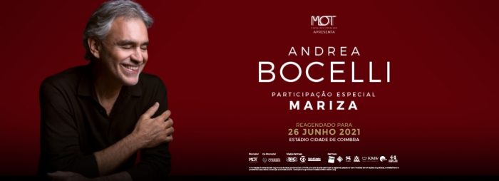 ANDREA BOCELLI EM COIMBRA | 26 JUNHO 2021 - O espetáculo inédito do Tenor mais aclamado do mundo, Andrea Bocelli, foi reagendado para o dia 26 de junho de 2021, em Coimbra, mantendo-se a estrutura que tinha já sido anunciada.