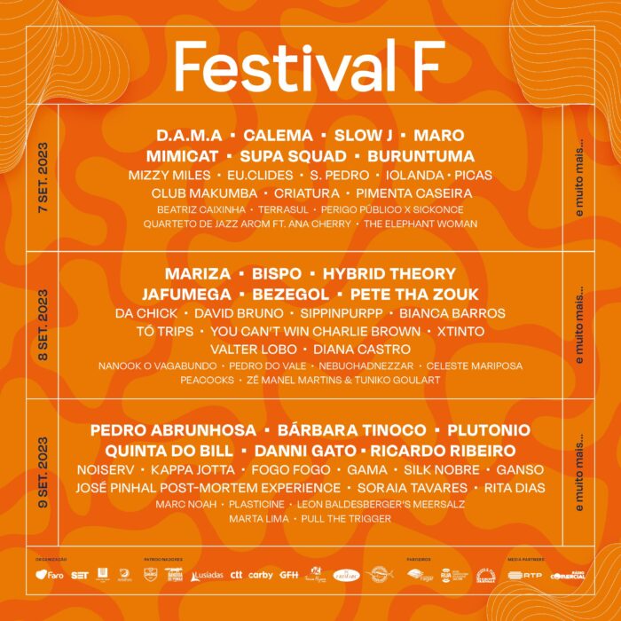 O FESTIVAL F 2023, realiza-se a 7, 8 e 9 de Setembro, naquela que já é a sua 8ª edição. O centro histórico de Faro  atravessa uma vez mais as muralhas da Vila Adentro até à Ria Formosa, onde se instala o palco principal.