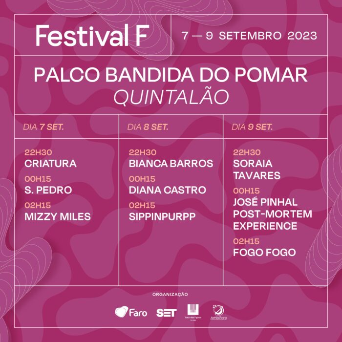 O FESTIVAL F 2023, realiza-se a 7, 8 e 9 de Setembro, naquela que já é a sua 8ª edição. O centro histórico de Faro  atravessa uma vez mais as muralhas da Vila Adentro até à Ria Formosa, onde se instala o palco principal.