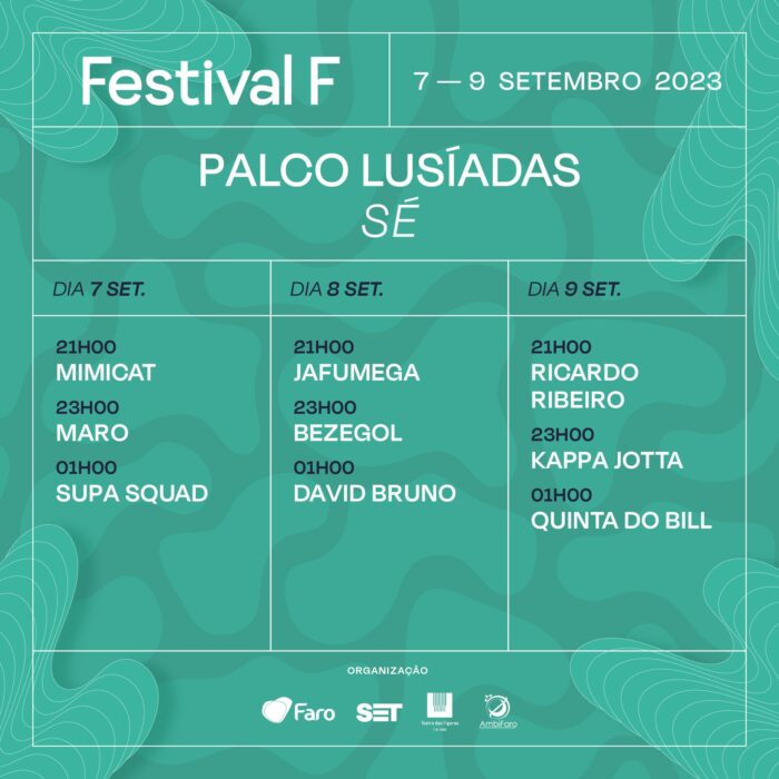 O FESTIVAL F 2023, realiza-se a 7, 8 e 9 de Setembro, naquela que já é a sua 8ª edição. O centro histórico de Faro  atravessa uma vez mais as muralhas da Vila Adentro até à Ria Formosa, onde se instala o palco principal.