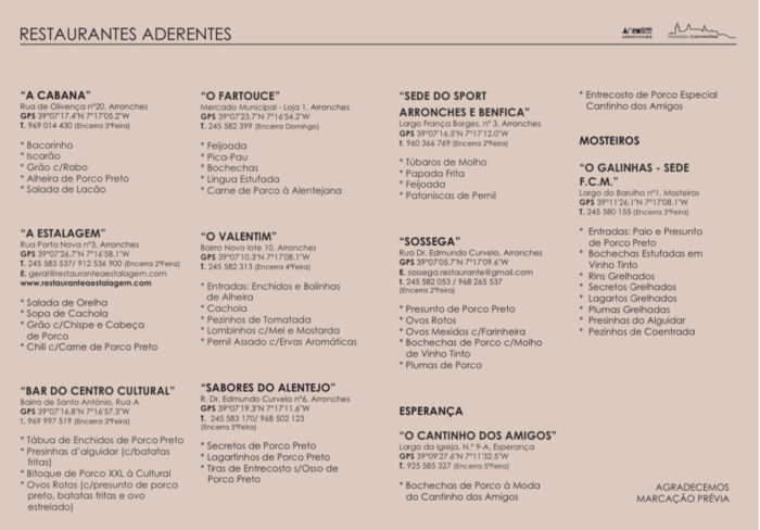 7ª QUINZENA GASTRONÓMICA DO PORCO 2024 ARRONCHES - De 23 de fevereiro e até 03 de março, decorre mais uma edição da Quinzena Gastronómica do Porco em Arronches! Venha deliciar-se com as fantásticas iguarias que os restaurantes aderentes lhe prepararam e aproveite para visitar o concelho.