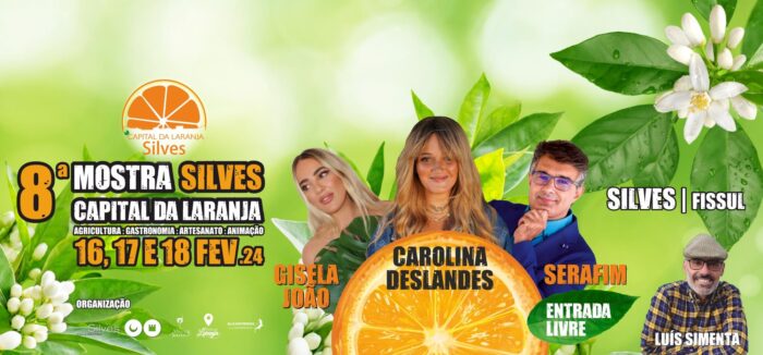 8ª MOSTRA SILVES CAPITAL DA LARANJA 2024 - A 8ª Edição da Mostra Silves Capital da Laranja decorrerá, em 2024, nos dias 16, 17 e 18 de fevereiro. Gisela João (dia 16), Carolina Deslandes (dia 17), Luís Simenta e o humorista Serafim (dia 18) são as atrações no palco principal do certame, com a apresentação dos artistas locais Helena Silva (dia 16) e André Guerreiro (dia 18) a anteceder os espetáculos. A FISSUL volta a ser palco da Mostra Silves Capital da Laranja.