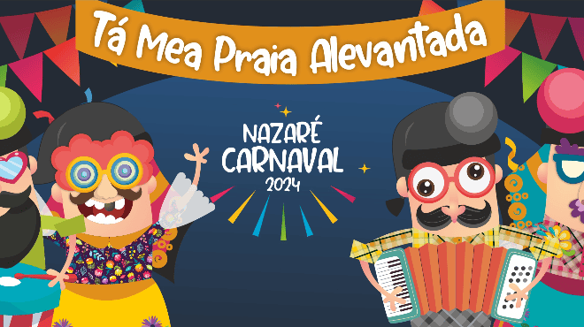 CARNAVAL DA NAZARÉ 2024 - O Carnaval da Nazaré 2024, apresentar-se-á em dez datas, com desfiles e bailes de rua. As festas decorrerão inspiradas no tema "Tá mea praia alevantada", o mote do Carnaval da Nazaré 2024, cujo reinado foi entregue a Liliana e Paulo Figueira, dois nazarenos escolhidos pela Organização para representar uma das festas populares mais aguardadas do ano.