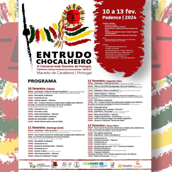 ENTRUDO CHOCALHEIRO 2024 | CARETOS DE PODENCE - O Entrudo Chocalheiro 2024, o Carnaval dos Caretos, o mais genuíno de Portugal, regressa entre 10 e 13 de fevereiro com o estatuto de Património Imaterial da Humanidade, na aldeia mais colorida de Portugal - Podence.