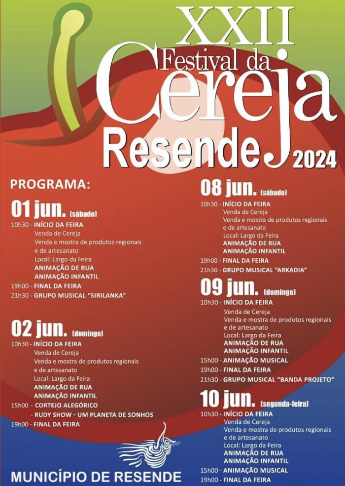 FESTIVAL DA CEREJA DE RESENDE 2024 - O Festival da Cereja de Resende regressa em 2024, em dois fins-de-semana, primeiro nos dias 01 e 02 de junho, e depois em versão de três dias, a 08 e 09, e alargado ao feriado de 10 de junho, informou o Município de Resende que volta a organizar o certame.