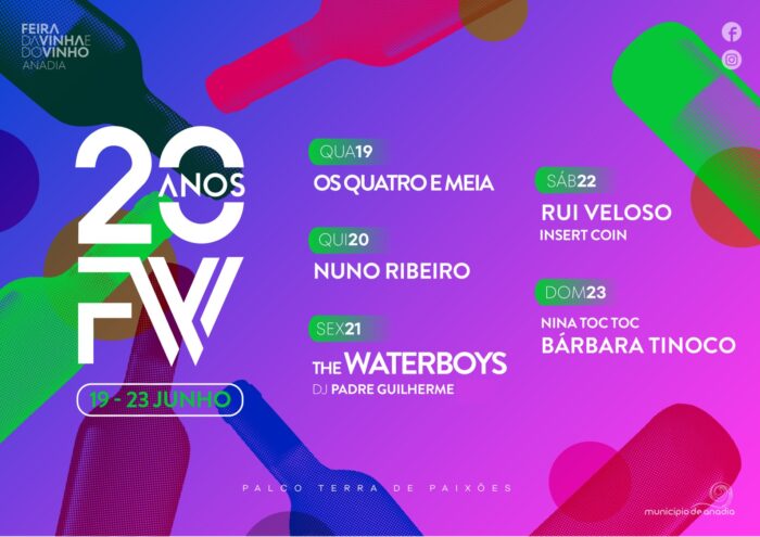 FEIRA DA VINHA E DO VINHO 2024 | ANADIA - A Feira da Vinha e do Vinho 2024, vai decorrer na cidade de Anadia, mais propriamente em Vale Santo entre os dias 19 e 23 de junho. O certame contará com dois palcos de animação: o principal “Terra de Paixões”, onde os cabeças de cartaz irão atuar, e o “Sentir Anadia”, na Praça das Tasquinhas, dedicado às associações locais, que mostrarão o seu trabalho recreativo e cultural.