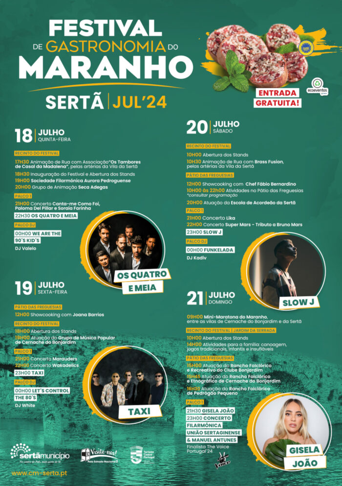 FESTIVAL DE GASTRONOMIA DO MARANHO 2024 | SERTÃ - O Maranho volta a ser rei em mais uma edição do Festival de Gastronomia, que decorre na Alameda da Carvalha, Sertã, entre os dias 18 e 21 de julho. Centrando-se na promoção deste produto típico com certificação IGP - Indicação Geográfica Protegida, a iniciativa tem Os Quatro e Meia, Taxi, Slow J e Gisela João, como cabeças de cartaz.