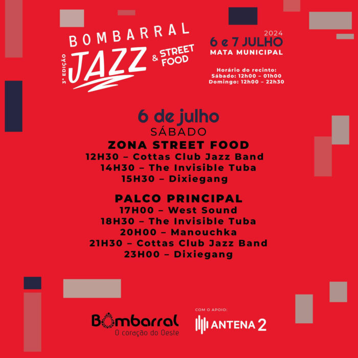 BOMBARRAL JAZZ & STREET FOOD 2024 - O Festival Bombarral Jazz & Street Food 2024, realiza-se na Mata Municipal do Bombarral, nos dias 6 e 7 de julho.