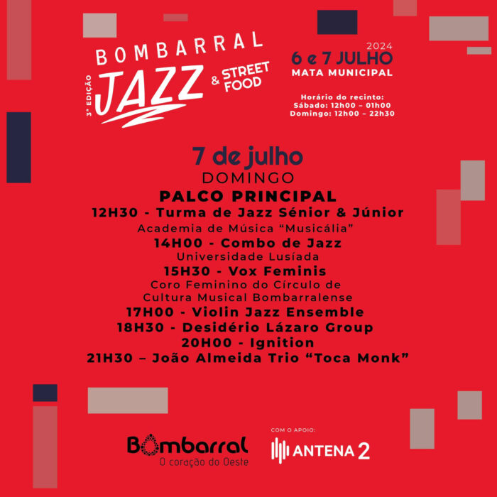 BOMBARRAL JAZZ & STREET FOOD 2024 - O Festival Bombarral Jazz & Street Food 2024, realiza-se na Mata Municipal do Bombarral, nos dias 6 e 7 de julho.