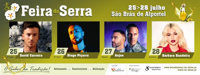 FEIRA DA SERRA 2024 SÃO BRÁS DE ALPORTEL - A Feira da Serra 2024, vai decorrer em São Brás de Alportel, de 25 a 28 de julho. O sucesso alcançado nas últimas edições motivou o alargamento do festival para quatro dias. Em cada edição, um tema desafia a criatividade de artesãos, produtores e chefs de cozinha !Ao longo de quatro dias, a Feira da Serra é um passaporte para toda a família, para uma experiência inolvidável, que se vive a cinco sentidos!