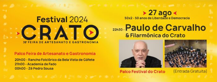 FESTIVAL DO CRATO 2024 - O Festival do Crato está de regresso em 2024 naquela que é a sua 38ª edição (enquanto Feira de Artesanato e Gastronomia) e vai decorrer de 27 a 31 de agosto.