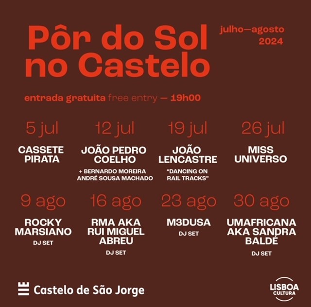 PÔR DO SOL NO CASTELO 2024 | LISBOA - Entre 5 de julho e 30 de agosto, o Castelo de São Jorge em Lisboa, recebe  mais uma edição do Pôr do Sol no Castelo, um programa musical que conta com alguns dos nomes mais frescos do jazz, indie, pop/rock, hip-hop e house. Os concertos decorrem ao sábado, todos ao fim da tarde, com a melhor vista da cidade.