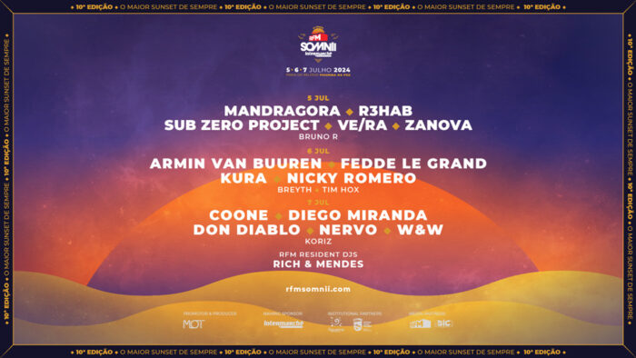 RFM SOMNII INTERMARCHÉ 2024 | FIGUEIRA DA FOZ - O maior sunset de sempre, o RFM SOMNII 2024 está de volta à Praia do Relógio, na Figueira da Foz nos dias 5, 6 e 7 de julho.