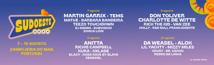 FESTIVAL SUDOESTE 2024 | ZAMBUJEIRA DO MAR - De 7 a 10 de agosto de 2024, com abertura do campismo no dia 3 de agosto, o Sudoeste volta a ser o destino incontornável do verão, com um pé na areia e outro a dançar, ao sabor da água salgada, de sorrisos abertos e conversas à luz das estrelas, com os amigos que levamos e os que a paixão pela mesma música põe no nosso caminho.