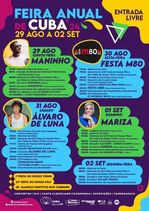 FEIRA ANUAL DE CUBA 2024 - A edição da Feira Anual de Cuba 2024, vai decorrer de 29 de agosto a 02 de setembro. O município volta a apostar em 5 dias de festa, naquela que é a 89ª edição do evento.