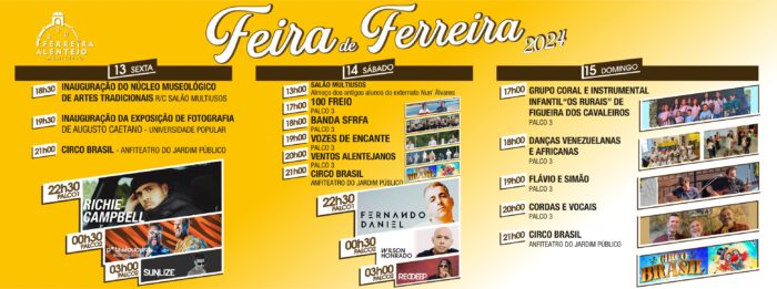 FEIRA DE FERREIRA 2024 | FERREIRA DO ALENTEJO - A vila de Ferreira do Alentejo, recebe a sua feira anual nos dias 13, 14 e 15 de setembro. Para além da feira tradicional, o certame conta ainda com exposições, tasquinhas, circo e espetáculos distribuídos por três palcos.