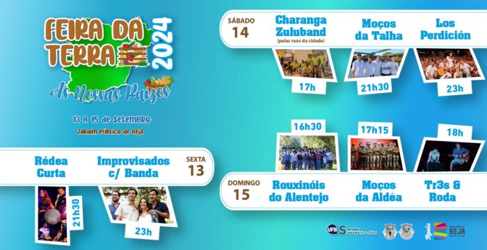 FEIRA DA TERRA 2024 | BEJA - A Feira da Terra 2024, vai decorrer nos dias 13, 14 e 15 de setembro, no Jardim Público de Beja. Além de produtores e expositores da região, vai encontrar petiscos e um programa musical.