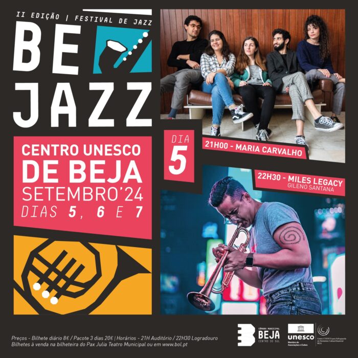 FESTIVAL BEJAZZ 2024 | BEJA - O Município de Beja, associa-se à celebração do Dia Mundial do Jazz, dedicando os 𝗱𝗶𝗮𝘀 𝟬𝟱, 𝟬𝟲 𝗲 𝟬𝟳 𝗱𝗲 𝘀𝗲𝘁𝗲𝗺𝗯𝗿𝗼 a este género musical, apresentando a 𝗜𝗜 𝗘𝗱𝗶𝗰̧𝗮̃𝗼 𝗱𝗼 𝗙𝗲𝘀𝘁𝗶𝘃𝗮𝗹 𝗕𝗲𝗝𝗮𝘇𝘇, com dois concertos por dia, um no auditório do Pax Julia Teatro Municipal e outro no espaço do Logradouro.