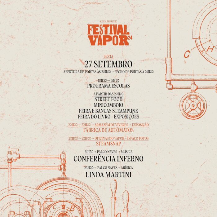 FESTIVAL VAPOR 2024 | ENTRONCAMENTO - De 27 a 29 de setembro, no Museu Nacional Ferroviário, no Entroncamento., regressa o Festival Vapor – organizado pelo Município do Entroncamento e Museu Nacional Ferroviário, com um programa de música, performance, cinema, literatura, oficinas e muitas atividades para todas as idades. 