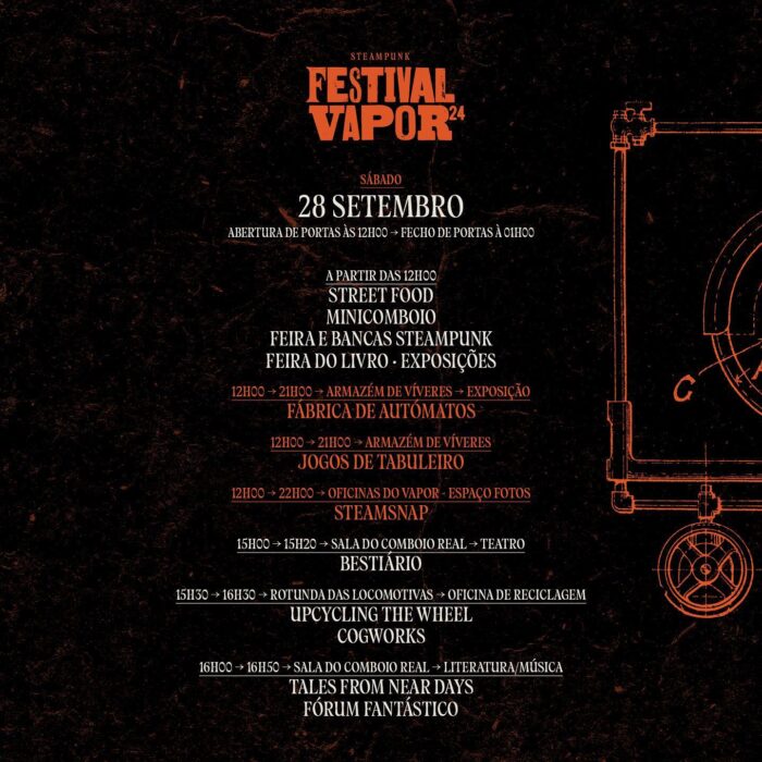 FESTIVAL VAPOR 2024 | ENTRONCAMENTO - De 27 a 29 de setembro, no Museu Nacional Ferroviário, no Entroncamento., regressa o Festival Vapor – organizado pelo Município do Entroncamento e Museu Nacional Ferroviário, com um programa de música, performance, cinema, literatura, oficinas e muitas atividades para todas as idades. 