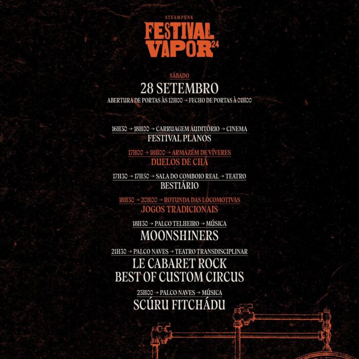 FESTIVAL VAPOR 2024 | ENTRONCAMENTO - De 27 a 29 de setembro, no Museu Nacional Ferroviário, no Entroncamento., regressa o Festival Vapor – organizado pelo Município do Entroncamento e Museu Nacional Ferroviário, com um programa de música, performance, cinema, literatura, oficinas e muitas atividades para todas as idades. 