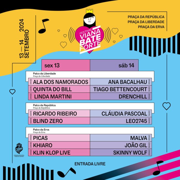 VIANA BATE FORTE 2024 - O Festival Viana Bate Forte 2024, regressa nos dias 13 e 14 de setembro a Viana do Castelo, prometendo voltar a encher o centro histórico de música e animação. A Praça da República, a Praça da Liberdade e a Praça da Erva acolhem a sétima edição do evento de entrada livre e gratuita.