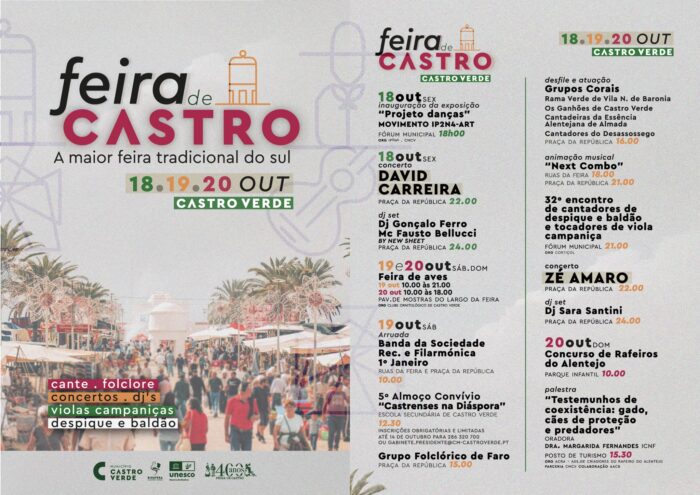 FEIRA DE CASTRO 2024 | CASTRO VERDE - A Feira de Castro 2024, a maior e mais emblemática feira tradicional do sul do país e ponto de encontro e de convívio entre familiares e amigos, comerciantes e fregueses, realiza-se nos dias 18, 19 e 20 de outubro em Castro Verde.