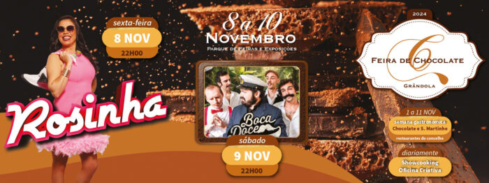FEIRA DE CHOCOLATE | GRÂNDOLA 2024 - De 08 a 10 de novembro, o Parque de Feiras e Exposições de Grândola, recebe mais uma edição da Feira de Chocolate, que promete adoçar Grândola. A Feira de Chocolate chega para “despertar os sentidos e satisfazer o paladar durante quatro doces dias”.