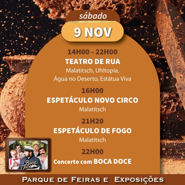 FEIRA DE CHOCOLATE | GRÂNDOLA 2024 - De 08 a 10 de novembro, o Parque de Feiras e Exposições de Grândola, recebe mais uma edição da Feira de Chocolate, que promete adoçar Grândola. A Feira de Chocolate chega para “despertar os sentidos e satisfazer o paladar durante quatro doces dias”.