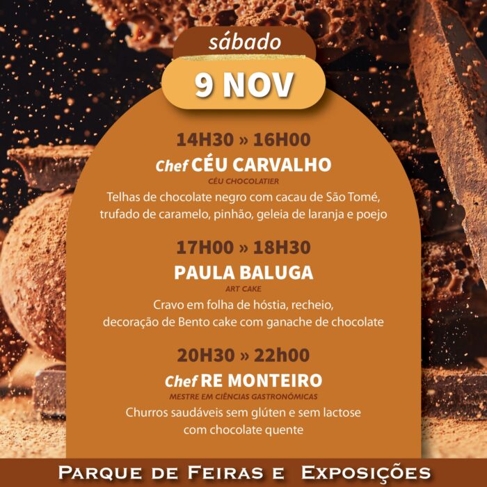 FEIRA DE CHOCOLATE | GRÂNDOLA 2024 - De 08 a 10 de novembro, o Parque de Feiras e Exposições de Grândola, recebe mais uma edição da Feira de Chocolate, que promete adoçar Grândola. A Feira de Chocolate chega para “despertar os sentidos e satisfazer o paladar durante quatro doces dias”.