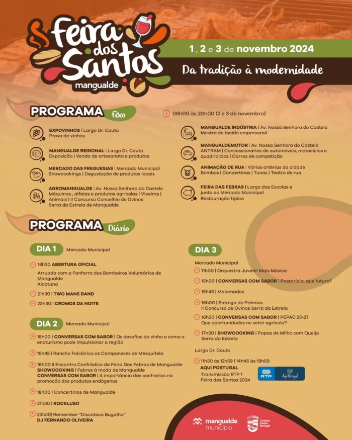 FEIRA DOS SANTOS 2024 | MANGUALDE - A Feira dos Santos, também conhecida como Feira das Febras, está de volta a Mangualde! O certame, que conta já com mais de 300 anos existência, voltará a animar, nos dias 01, 02 e 03 de novembro, as ruas do centro da cidade, colocando em destaque o que de melhor se faz no concelho ao nível da gastronomia, vinhos, artesanato, agropecuária, máquinas e alfaias agrícolas, camiões, entre outros.