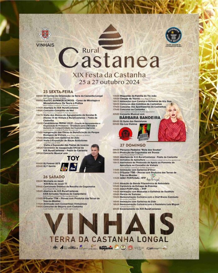 RURAL CASTANEA 2024 | FESTA DA CASTANHA DE VINHAIS - De 25 a 27 de outubro, realiza-se no Parque Municipal de Exposições de Vinhais, mais uma edição da Rural Castanea 2024 - Festa da Castanha de Vinhais. Este evento, na sua 19ª edição, pretende valorizar a castanha, promovê-la gastronómicamente e potenciar a sua produção.